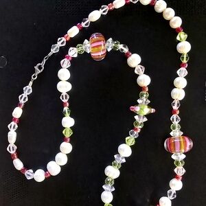 Beautiful Handmade Pearl Necklace Colorful Murano Glass Beads Crystal Accents